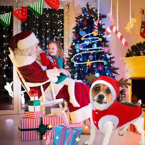 Vista 3 de Disfraces de Navidad para perros, abrigo de suéter para mascotas para clima frío, traje de reno de Papá Noel, sudadera con capucha de invierno