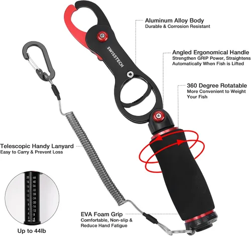 Vista 2 de Swiss+Tech Kit de herramientas de pesca, pinza de pescado con escala, alicates de pesca multifunción, tijeras de línea trenzada, equipo de pesca