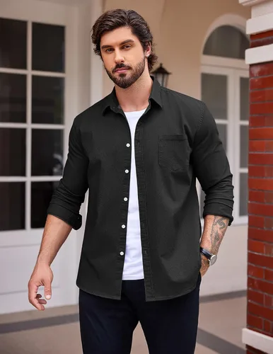 Vista 3 de COOFANDY Camisa vaquera de manga larga con botones para hombre, camisa de trabajo occidental