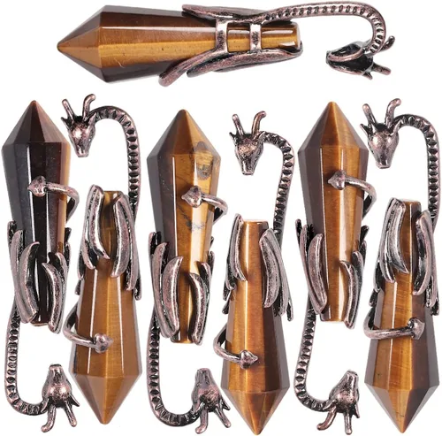 Vista 4 de TUMBEELLUWA Collar con colgante de 12 cristales facetados para figura de dragón unisex, colgante de péndulo de piedra envuelta con cadena