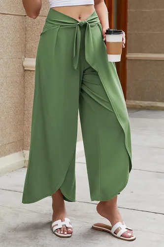 Vista 3 de Allimy Pantalones casuales de cintura alta Palazzo con piernas anchas para mujer, pantalones cruzados suaves con lazo frontal