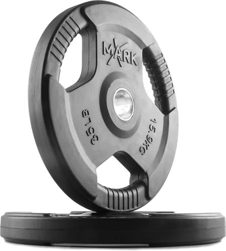 Vista 13 de XMARK TRI-GRIP - Par o juego de discos de peso olímpicos, pesas de ejercicio con revestimiento de goma para barra olímpica, juego de pesas de 01)