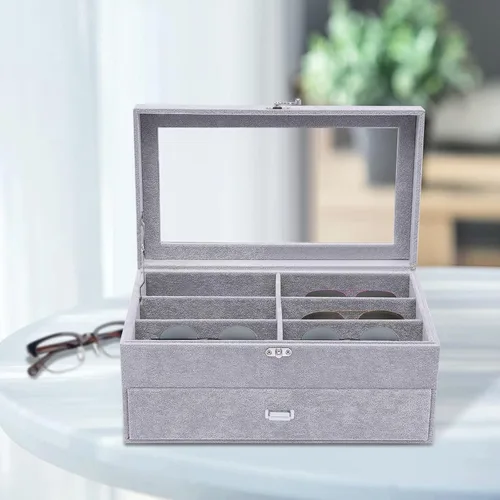 Vista 8 de Organizador de lentes de sol de 12 ranuras con parte superior de vidrio transparente para mujeres y hombres, elegante vitrina de gafas