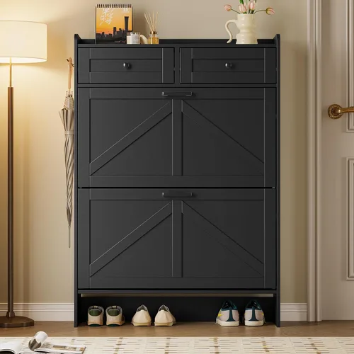 Vista 7 de BORNOON Gabinete de Almacenamiento de Zapatos para Entrada, Gabinete Estrecho de Zapatos Estilo Granja con 2 Cajones Abatibles y Cajones Superiores