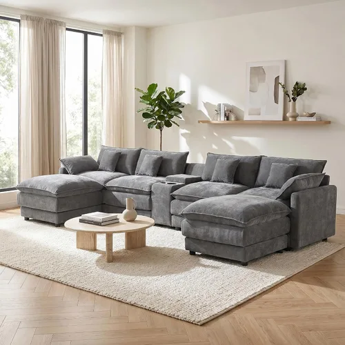 Vista 17 de Sofá modular en forma de U de 143 pulgadas para sala de estar, sofá modular de gran tamaño, sofás seccionales modernos, asiento profundo de pana