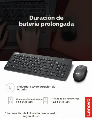 Vista 2 de Lenovo 300 Combo de Teclado y Ratón Inalámbricos, Receptor Nano USB-A de 2,4 GHz, Baterías Incluidas