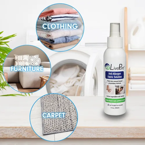 Vista 5 de LivePure Spray de tela antialérgeno de 3 onzas para superficies domésticas. Spray antialérgeno a base de plantas para ácaros del polvo y caspa
