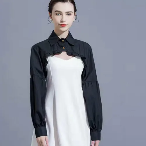 Vista 2 de Media camisa de manga larga, recortada, blusa de cuello falso desmontable para mujer Negro-a