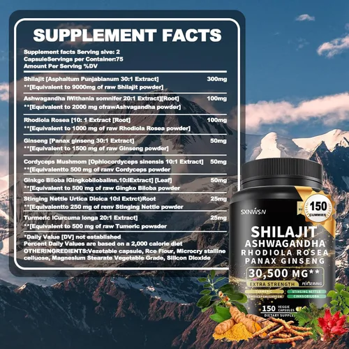 Vista 6 de Complejo Shilajit con Ashwagandha Rhodiola Rosea Ginseng Cordyceps - Suplemento mineral para resistencia e inmunidad, apoya la vitalidad