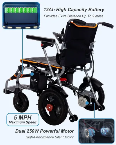 Vista 3 de Sillas de ruedas motorizadas portátiles para adultos mayores, silla de ruedas eléctrica plegable ligera - Fácil de usar - Silla de ruedas eléctrica