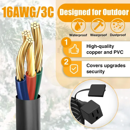 Vista 5 de Cable de extensión para exteriores con múltiples tomas - Divisor de corriente impermeable navideño de 1 a 3, certificado UL, cables de corriente