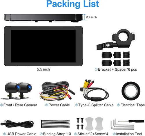 Vista 12 de LBW Cámara de tablero DVR de alta calidad: Carplay inalámbrico para motocicleta y Android Auto, TPMS, 1080P HD Dash Cam frontal y trasera, pantalla