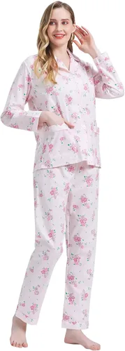 Vista 4 de Amaxer Conjunto de pijama 100% algodón para mujer, de manga larga, suave, con botones, con cordón elástico