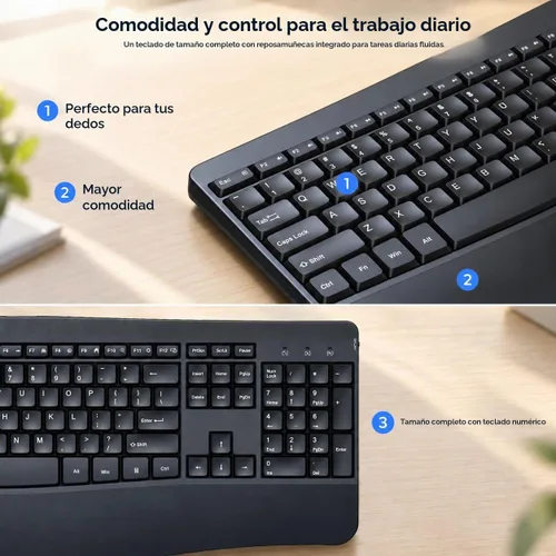 Vista 4 de Combo de teclado y mouse inalámbricos, teclas de onda ergonómicas 2.4G Negro