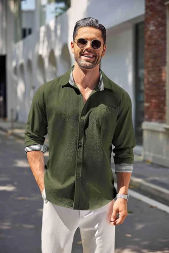 Vista 3 de COOFANDY Camisa de lino con botones para hombre, de manga larga, informal, para playa, con bolsillo