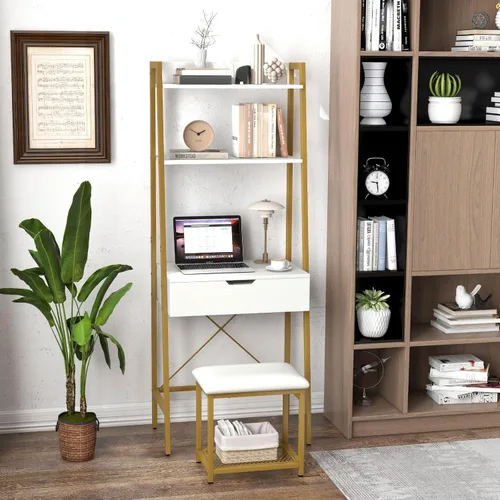 Vista 6 de COSTWAY Juego de escritorio con espejo abatible, mesa de tocador con escalera y taburete acolchado con 4 compartimentos de almacenamiento, pequeño