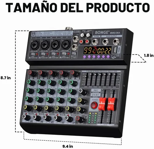 Vista 9 de BOMGE 06A Mezclador de audio DJ profesional de 6 canales, controlador de DJ mezclador de sonido con 99 efectos DSP, ecualizador de 7 bandas