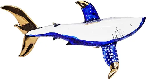 Vista 9 de Pequeña figura de tiburón blanco punteado azul dorado de 6.5 pulgadas, tiburones de vidrio soplado a mano, vida marina, peces marinos, animales