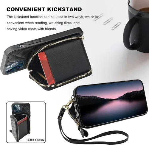 Vista 5 de Bocasal - Funda tipo cartera cruzada para iPhone 13 Pro, color negro RFID Blocking PU Leather Zipper Handbag Purse, Kickstand Flip Folio Case with