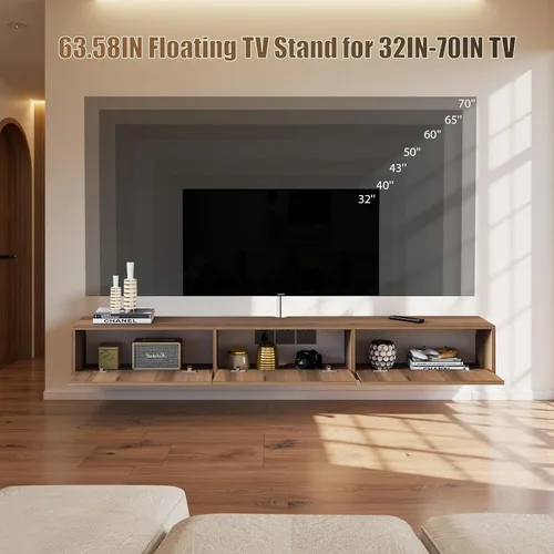 Vista 5 de Estante flotante de madera maciza para TV, armario de TV montado en la pared de 63 pulgadas, estantes flotantes con 3 puertas, centro de consola