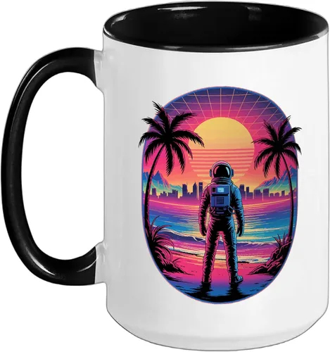 Vista 18 de Vaporwave Synthwave Astronaut Spaceman Science Space Ceramic Mug, Black/White, 11oz
