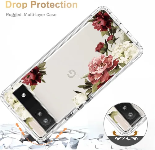 Vista 7 de Funda para Pixel 6A, para Google6A GX7AS con protector de pantalla de vidrio templado, cubierta protectora de cuerpo completo con bonito patrón Flor