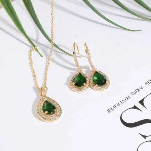 Vista 4 de Juego de joyas de cristal para boda nupcial con colgante de lágrima, collar y aretes colgantes para novia, damas de honor, madre de novia, fiesta