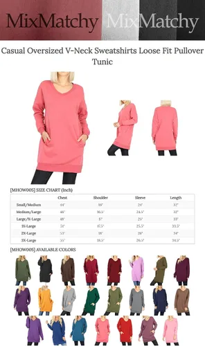 Vista 4 de MixMatchy Womens Casual Oversized V-Neck Sweatshirts Loose Fit Pullover Tunic