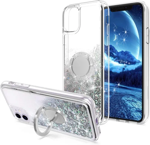 Vista 11 de Bling Moving Liquid Floating - Carcasa para iPhone 11 con soporte, color rosa Corazón brillante, TPU, cascada en movimiento, anillo de rotación