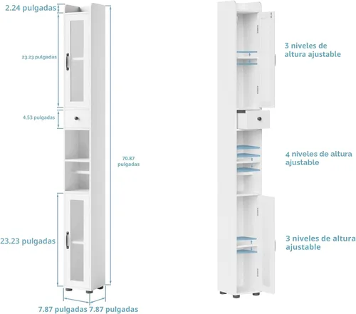 Vista 2 de Maupvit Armario de almacenamiento de baño con 2 puertas de vidrio esmerilado, armario de almacenamiento alto y estrecho con puertas y estantes
