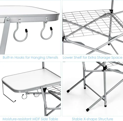 Vista 4 de GYMAX Mesa de campamento plegable de aluminio, mesa de parrilla al aire libre con mesa auxiliar, ganchos y bolsa de transporte, mesa de picnic