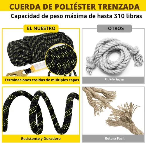 Vista 4 de TRSMIMA Arnés de Cuerda con Cordón de Seguridad: Cuerda Vertical para Techos de 25 pies con Ganchos de Agarre Rápido Amortiguador de Impactos - Kit