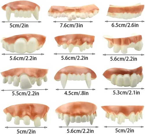 Vista 2 de Marrywindix 12 piezas de dientes retorcidos, dientes falsos feos de vampiro, dentadura de vampiro para Halloween, disfraces, fiestas, fotos