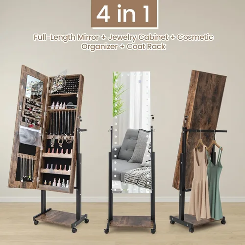 Vista 2 de CHARMAID Armario de joyería con espejo LED de longitud completa, 3 alturas ajustables, hasta 69 pulgadas, soporte para aretes, organizador de joyas