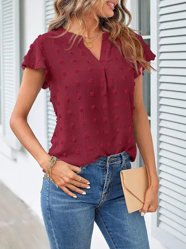 Vista 9 de MEROKEETY Blusa de manga corta con volantes y cuello en V para primavera 2026, para verano, con lunares suizos, elegante, informal, con vuelo