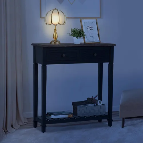 Vista 9 de KINTNESS Mesa de entrada, mesa consola estrecha con 2 cajones, mesa auxiliar de sofá con estantes para sala de estar, pasillo, color negro