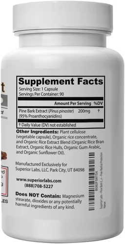 Vista 3 de Superior Labs Extracto de corteza de pino 200 mg, 95% OPC, circulación, 90