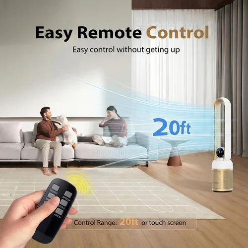 Vista 5 de Ventilador sin aspas de 38 pulgadas para dormitorio, ventilador de torre silencioso con control remoto y pantalla táctil LED grande, 24 velocidades