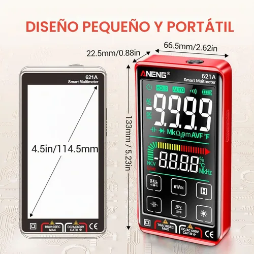 Vista 8 de ANENG Multímetro digital inteligente con pantalla táctil TRMS, rango automático, 9999 conteos, recargable, anti-quemadura, Ohm, Amperio, Voltímetro