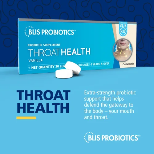 Vista 2 de BLIS ThroatHealth Probióticos orales K12 - Apoyo inmunológico y de garganta, vainilla - 30 pastillas, 2.5 mil millones de UFC