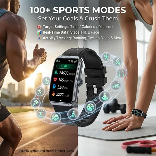 Vista 2 de Reloj de seguimiento de fitness para hombres y mujeres, color negro HD de 1.47 pulgadas, frecuencia cardíaca 24/7, oxígeno en sangre, monitor