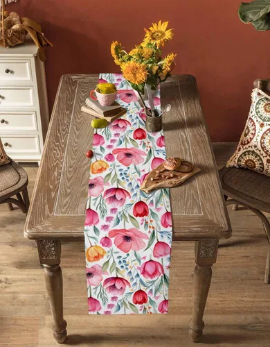 Vista 4 de Camino de mesa de primavera, decoración de mesa de tulipán de acuarela, decoración de mesa de temporada, hojas botánicas florales, bufandas