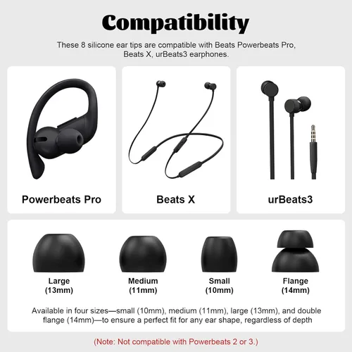 Vista 2 de 8 piezas Powerbeats Pro de silicona para los oídos compatibles con Beats Powerbeats Pro, Beats X, urBeats3 auriculares (Pro Eartips negro)