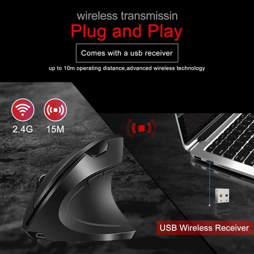 Vista 4 de Vassink Mouse ergonómico mouse inalámbrico recargable 24 GHz recargable inalámbrico vertical con receptor USB 6 botones 80012001600 DPI para laptop