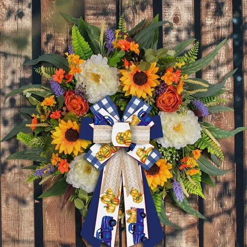 Vista 4 de ABTOLS Arcos grandes para corona de otoño, lazos de lana cuadriculada azul y blanco para corona, calabaza, camión, arpillera, para puerta delantera