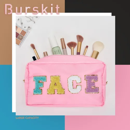 Vista 5 de Bolsa de maquillaje de nailon para cosméticos, 4 piezas, con cremallera, trébol de piedra de chenilla, impermeable, organizador de viaje