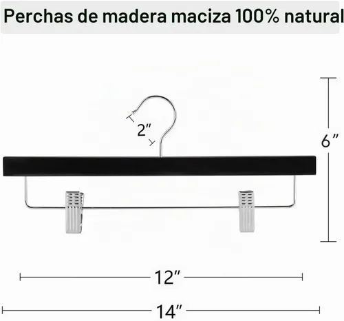Vista 2 de AMKUFO 20 piezas de perchas de madera para pantalones, perchas sólidas para pantalones con clips ajustables de 14 pulgadas, perchas de madera negra