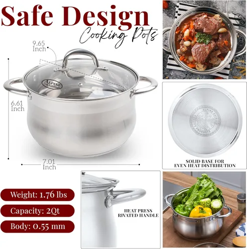 Vista 5 de Alpine Cuisine Horno holandés de acero inoxidable de 2 cuartos de galón con tapa de vidrio templado, forma de vientre, resistente y apto