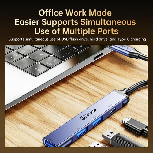 Vista 4 de Concentrador USB 3.0 de 4 puertos con adaptador de alimentación dedicado de 5V/2A tipo C Fuente de alimentación externa estable Hub 4 en 1