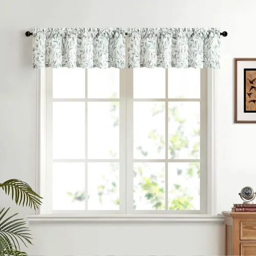 Vista 11 de VOGOL Cenefas de cortina de estilo rústico para ventanas, cenefa decorativa con estampado de hojas de pájaro azul, para cocina, baño, loft